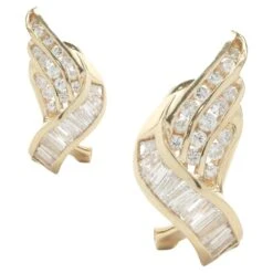 Unknown 14 Karat Yellow Gold Channel Set Round And Baguette Diamond Wing Earrings