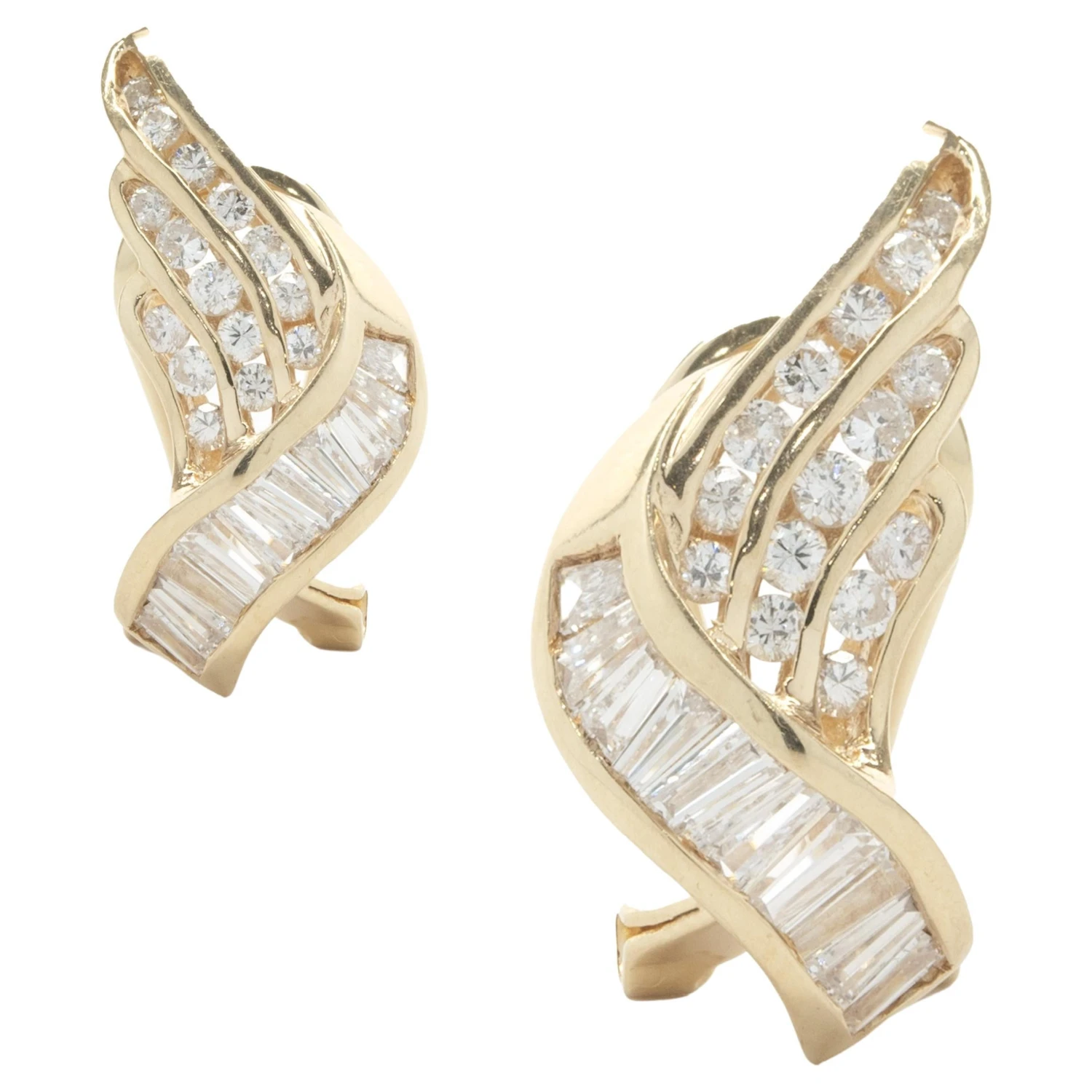 Unknown 14 Karat Yellow Gold Channel Set Round And Baguette Diamond Wing Earrings 3 Unknown 14 Karat Yellow Gold Channel Set Round And Baguette Diamond Wing Earrings