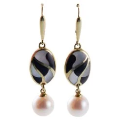 Asch Grossbardt Inlay Mother Of Pearl Onyx Pearl Gold Earrings