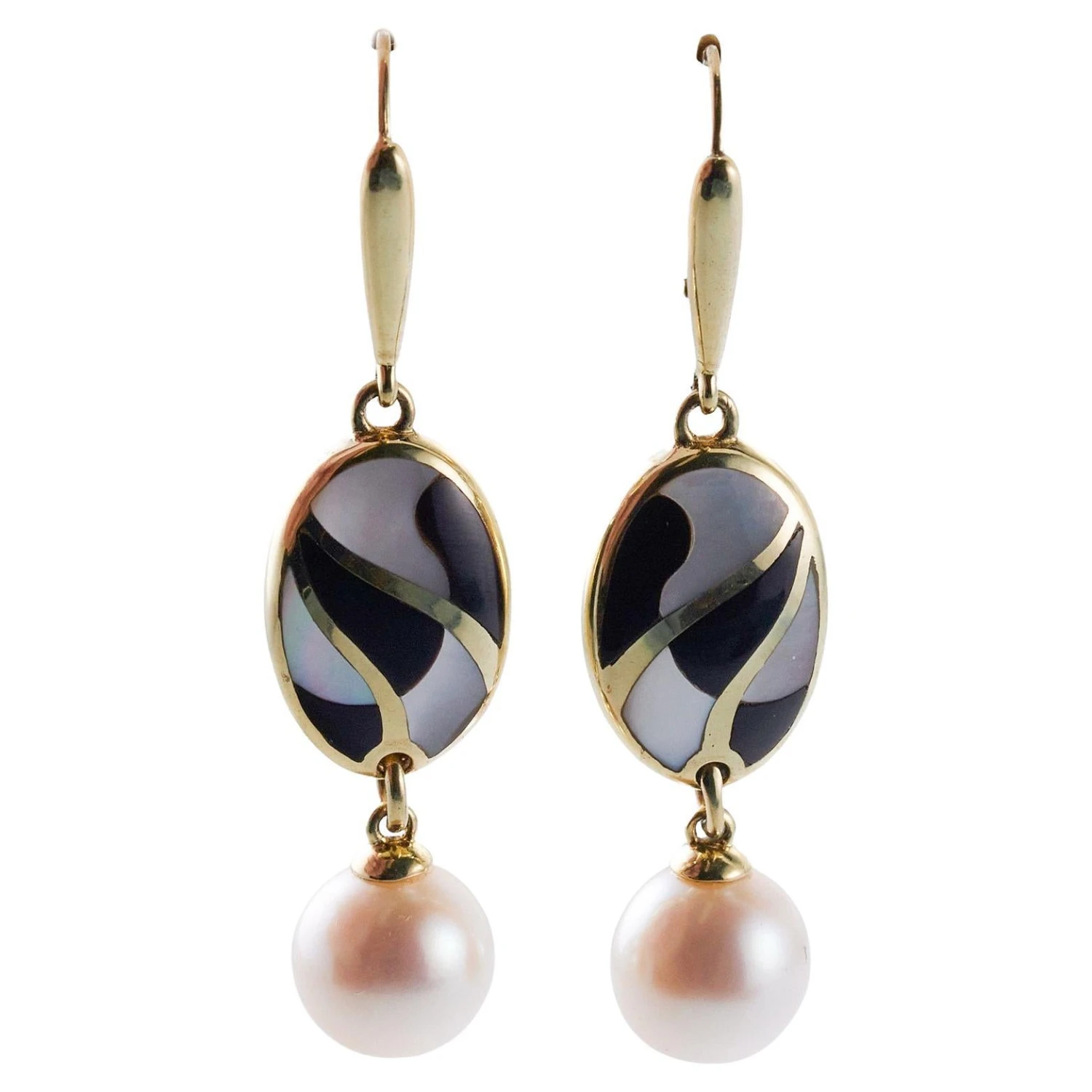 Asch Grossbardt Inlay Mother Of Pearl Onyx Pearl Gold Earrings 3 Asch Grossbardt Inlay Mother Of Pearl Onyx Pearl Gold Earrings