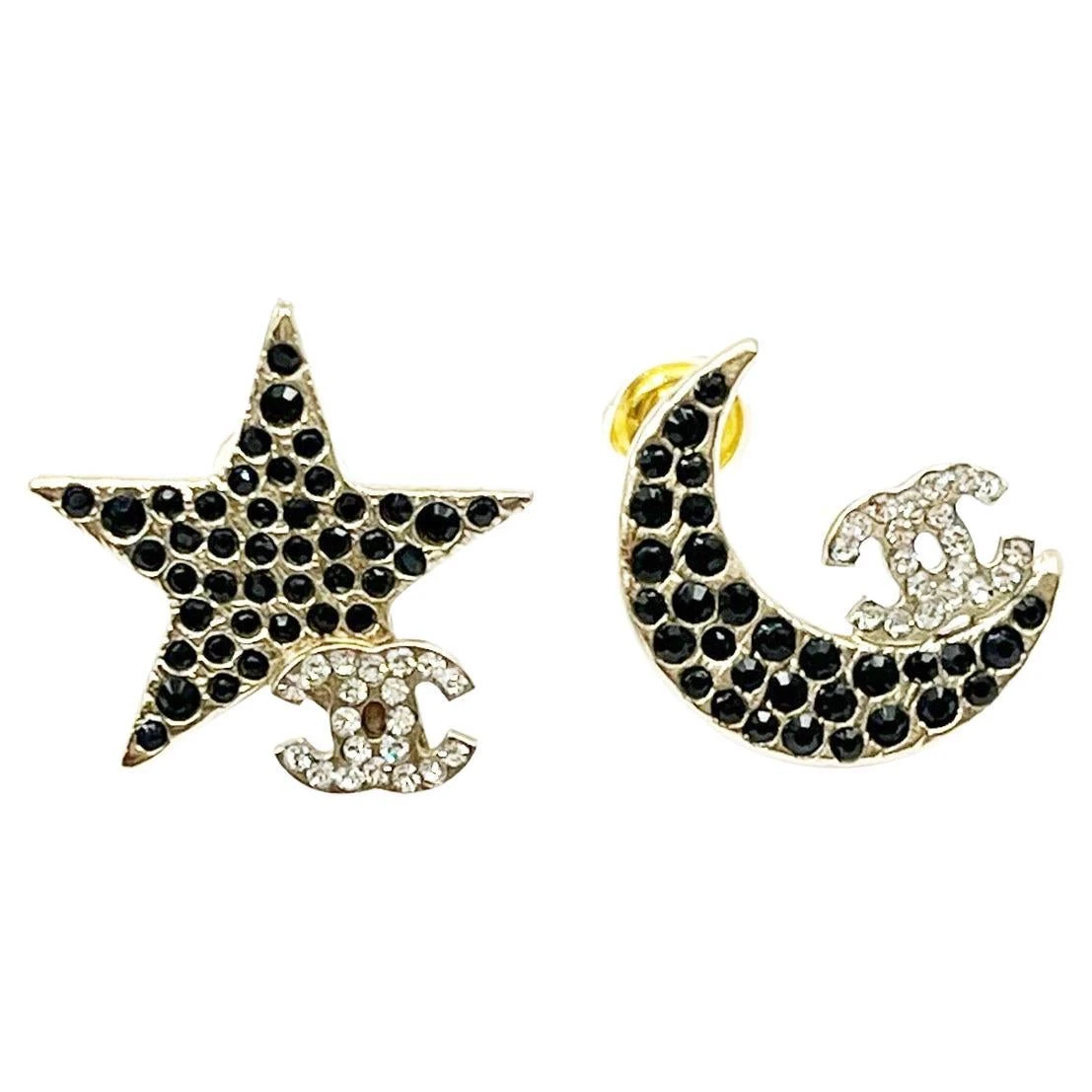 Chanel Super Rare Star Moon Black Crystal Cc Small Piercing Earrings 3 Chanel Super Rare Star Moon Black Crystal Cc Small Piercing Earrings