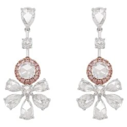 White Rose-Cut Diamond And Pink Diamond 18k Gold Drop Earrings