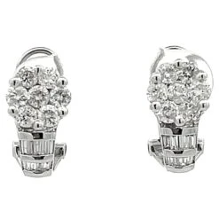 Unknown Baguette And Round Brilliant Diamond Flower Huggie Earrings In 14k White Gold