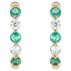 0.502 Carat Emerald Hoop Earrings In 14 Karat Yellow Gold With White Diamond