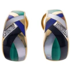 Asch Grossbardt MOP Malachite Onyx Lapis Inlay Diamond Gold Earrings