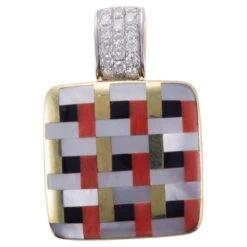 Asch Grossbardt Inlay Onyx MOP Coral Diamond Checkered Gold Pendant