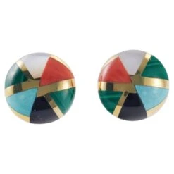 Asch Grossbardt MOP Coral Malachite Turquoise Onyx Inlay Gold Earrings
