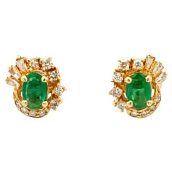 Unknown Columbian Emerald And Diamond Halo Stud Earrings In 18k Yellow Gold