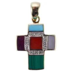 Asch Grossbardt Inlay Malachite Turquoise Coral Diamond Cross Pendant