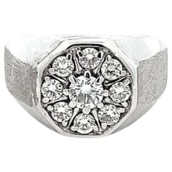Unknown Mens Round Diamond Cluster Center Ring With Textured Shoulders In 14k White Gold