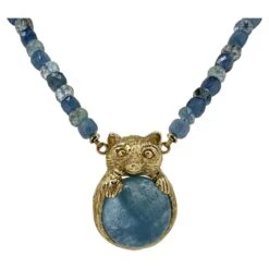 "Aqua Raccoon" Beaded 18" Aquamarine Necklace With 14 Karat Gold Bear Pendant