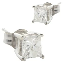 Unknown 14 Karat White Gold Princess Cut Diamond Stud Earrings