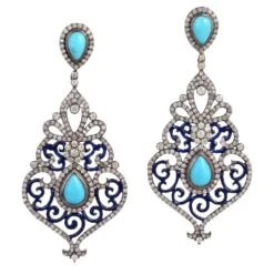 Unknown Natural Art Deco Turquoise And Diamond Chandelier Earrings