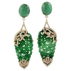 Unknown Victorian Carved Jade And Emerald Earrings 18k Yellow Gold