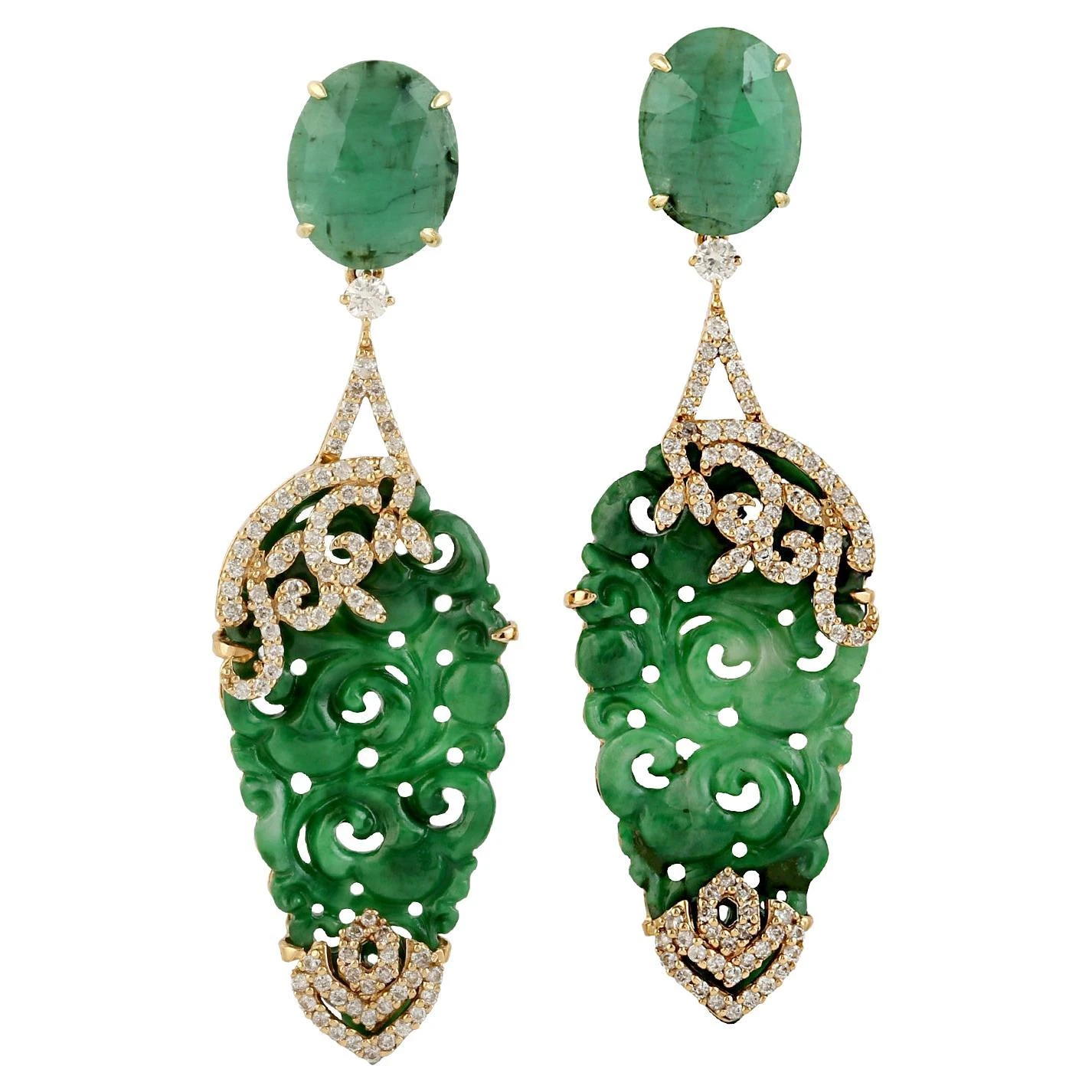 Unknown Victorian Carved Jade And Emerald Earrings 18k Yellow Gold 3 Unknown Victorian Carved Jade And Emerald Earrings 18k Yellow Gold