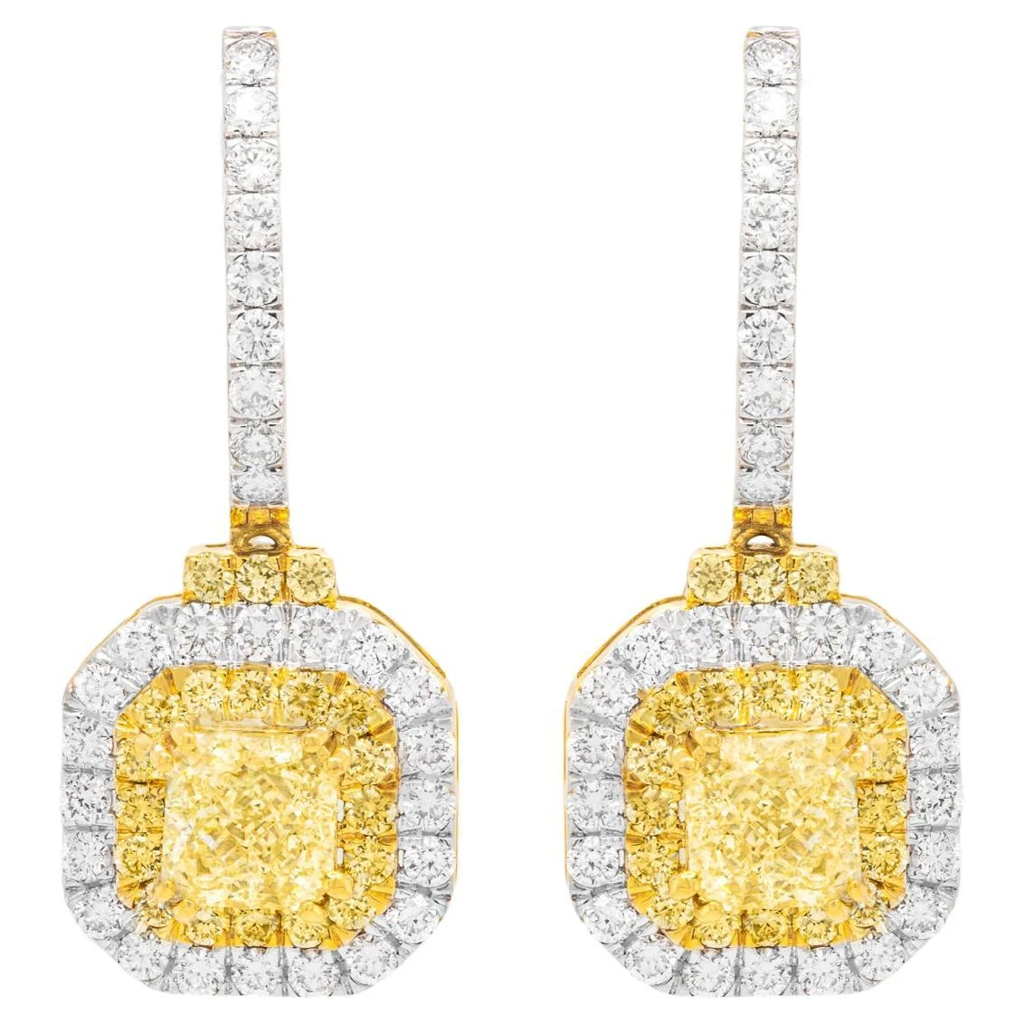 Unknown Canary Diamond Earrings 1.13 Carat Each With Double Halo 18k Gold 3 Unknown Canary Diamond Earrings 1.13 Carat Each With Double Halo 18k Gold