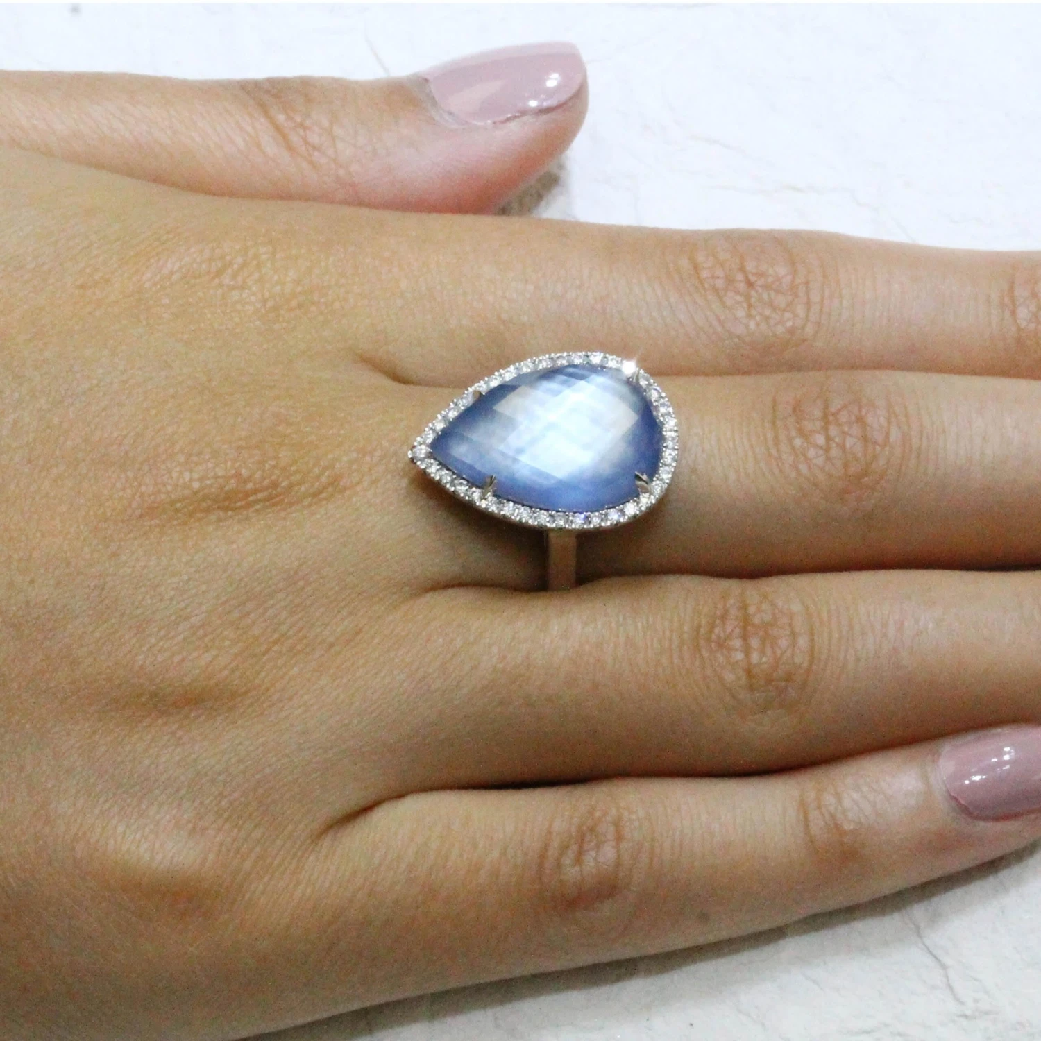 18K Gold Pear Shape Cocktail Ring With Lapis Lazuli, White Topaz And Diamonds 5 18K Gold Pear Shape Cocktail Ring With Lapis Lazuli, White Topaz And Diamonds – Image 3