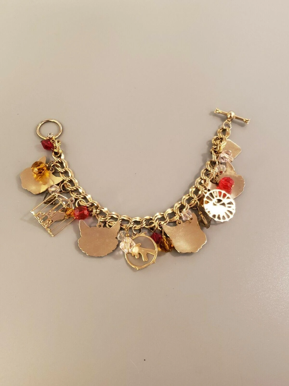 Lunch At The Ritz Signed Multi Charm Cats Mouse And Bird In Gilt Cage Bracelet 8 Lunch At The Ritz Signed Multi Charm Cats Mouse And Bird In Gilt Cage Bracelet – Image 6