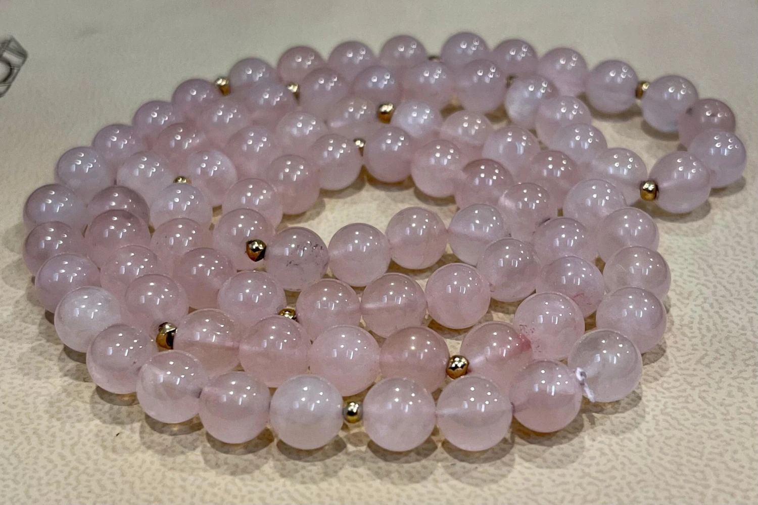 Unknown Grade A+ Rose Quartz Crystal Bead Necklace 8.5 Mm, With 14 K Gold Beads, Genuine 4 Unknown Grade A+ Rose Quartz Crystal Bead Necklace 8.5 Mm, With 14 K Gold Beads, Genuine – Image 2