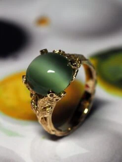 Nephrite Jade Gold Ring Green Cats Eye Effect Chatoyancy Engagement Ring -Mode Bijouterie Magasin nephrite gold ring gabilo 180415 10 master