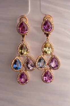 18 Karat Rose Gold Diamond Multi-Coloured Sapphire Drop Earrings -Mode Bijouterie Magasin resized 672B3471 master