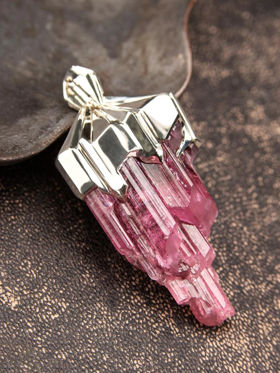 Large Rubellite Tourmaline Crysral Raw Silver Pendant 8 Large Rubellite Tourmaline Crysral Raw Silver Pendant – Image 6