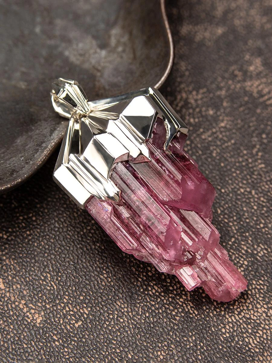 Large Rubellite Tourmaline Crysral Raw Silver Pendant 9 Large Rubellite Tourmaline Crysral Raw Silver Pendant – Image 7