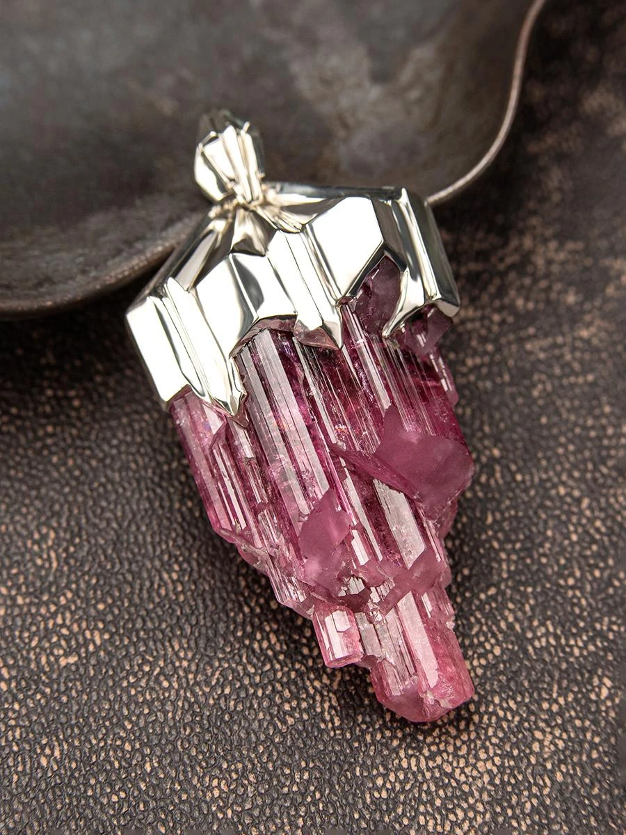 Large Rubellite Tourmaline Crysral Raw Silver Pendant 10 Large Rubellite Tourmaline Crysral Raw Silver Pendant – Image 8