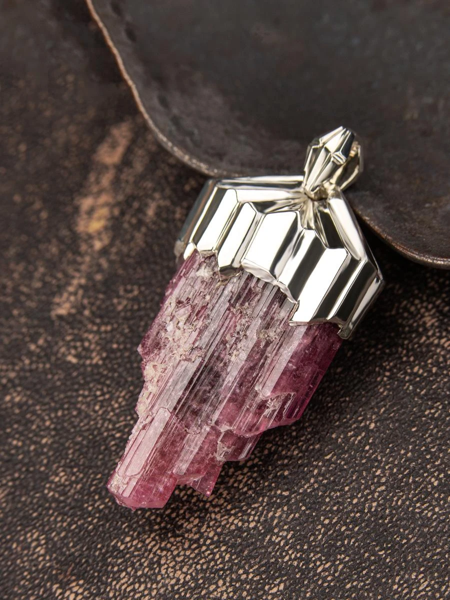 Large Rubellite Tourmaline Crysral Raw Silver Pendant 11 Large Rubellite Tourmaline Crysral Raw Silver Pendant – Image 9