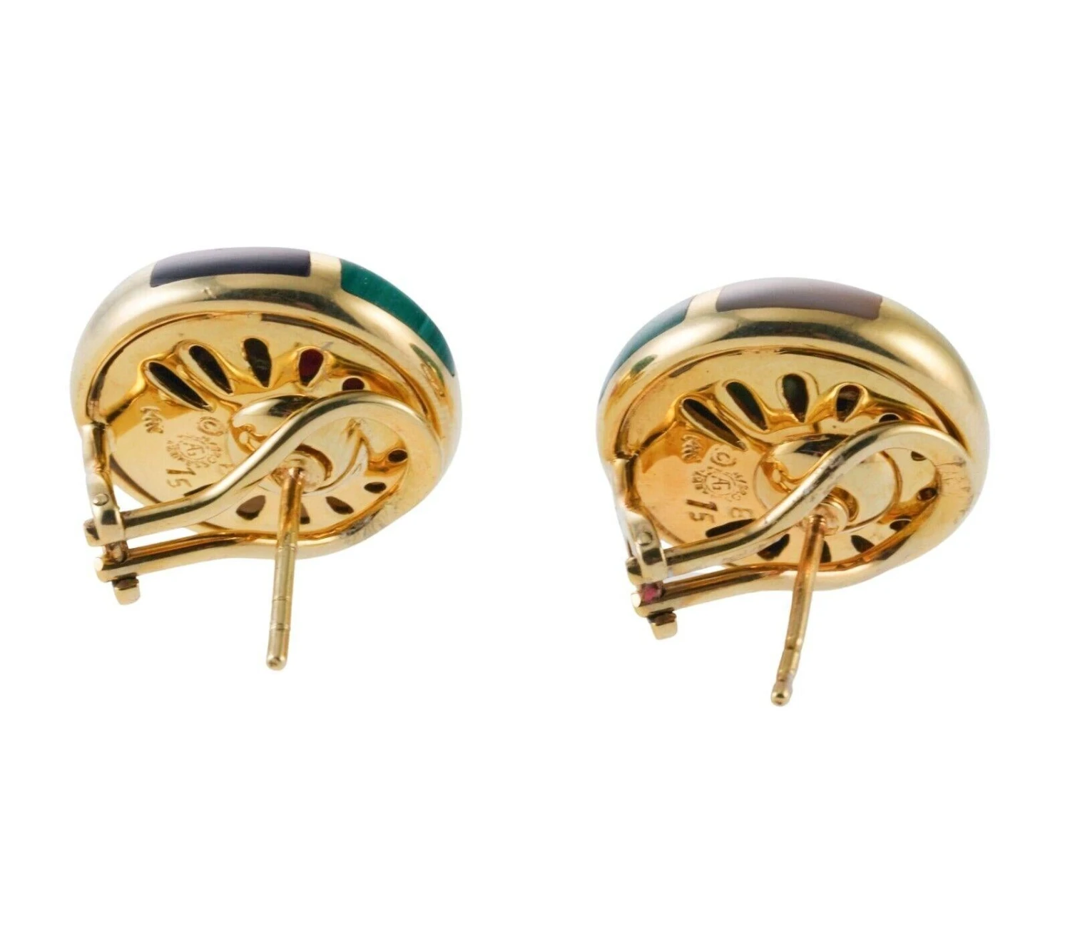 Asch Grossbardt MOP Coral Malachite Turquoise Onyx Inlay Gold Earrings 5 Asch Grossbardt MOP Coral Malachite Turquoise Onyx Inlay Gold Earrings – Image 3