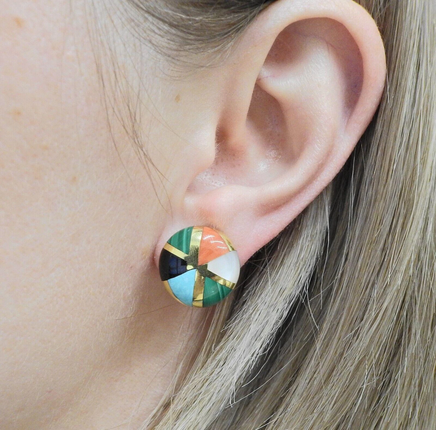 Asch Grossbardt MOP Coral Malachite Turquoise Onyx Inlay Gold Earrings 4 Asch Grossbardt MOP Coral Malachite Turquoise Onyx Inlay Gold Earrings – Image 2