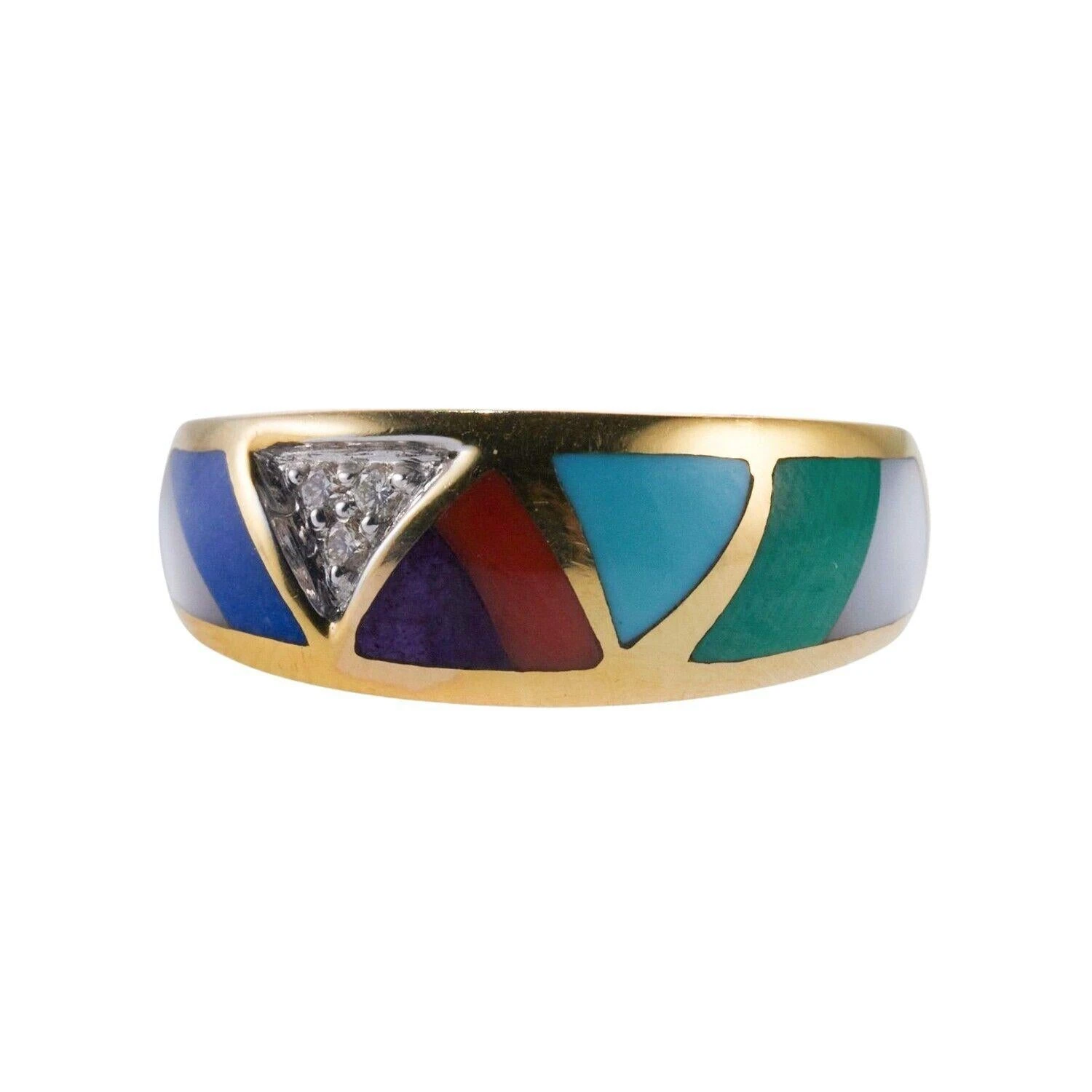 Asch Grossbardt MOP Turquoise Coral Lapis Inlay Diamond Gold Ring 7 Asch Grossbardt MOP Turquoise Coral Lapis Inlay Diamond Gold Ring – Image 5
