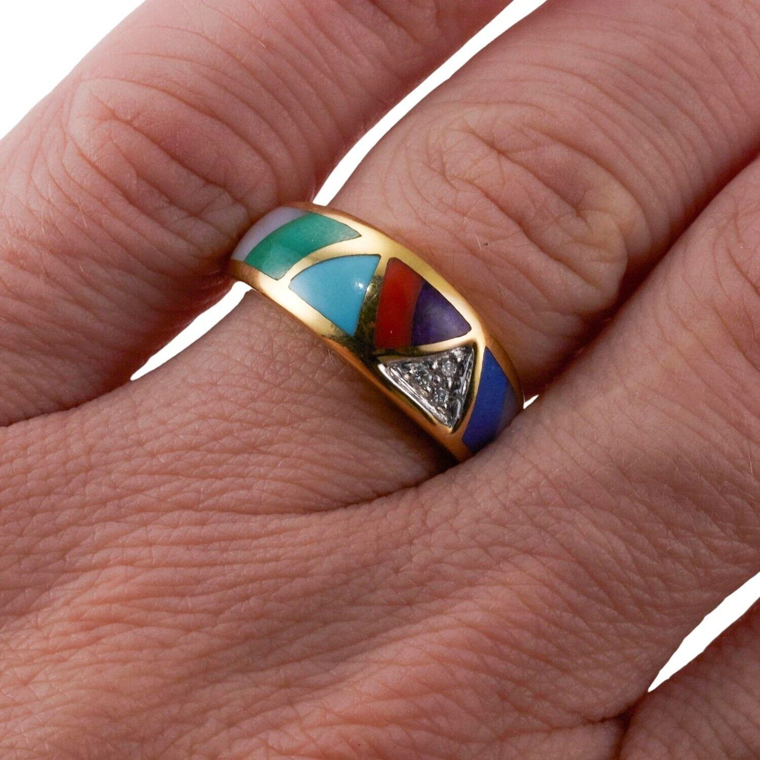 Asch Grossbardt MOP Turquoise Coral Lapis Inlay Diamond Gold Ring 4 Asch Grossbardt MOP Turquoise Coral Lapis Inlay Diamond Gold Ring – Image 2