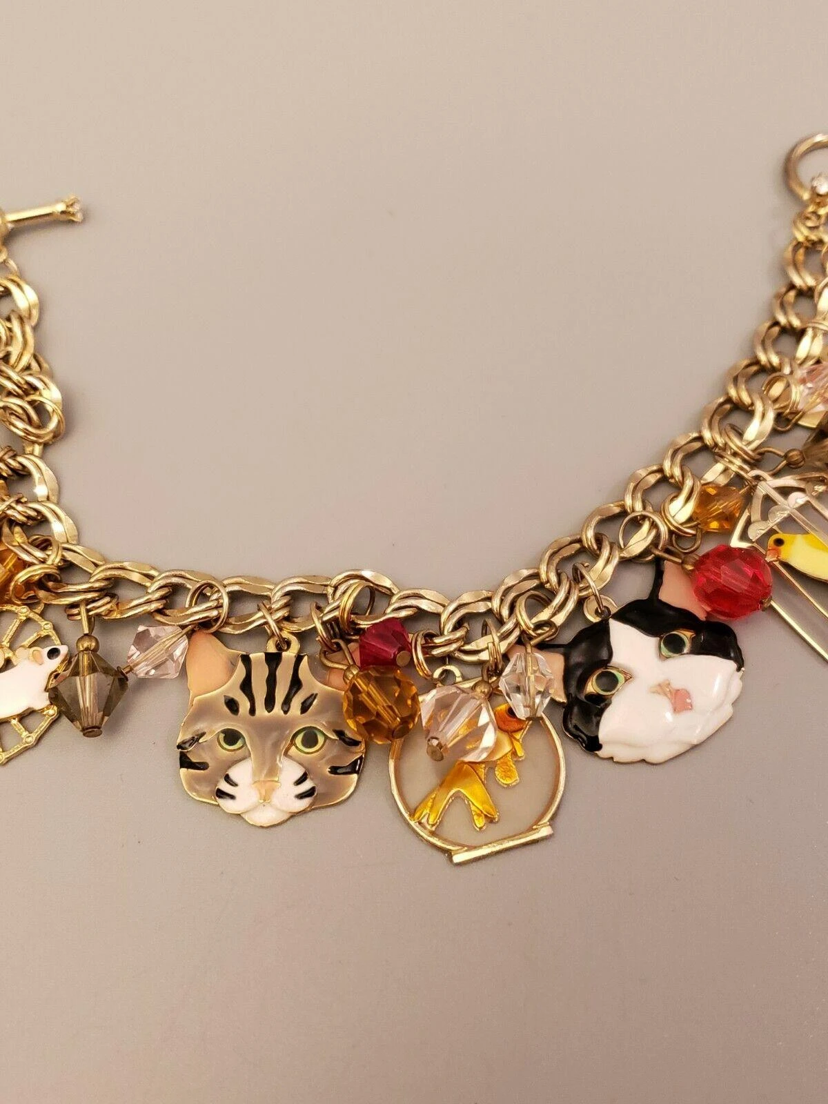 Lunch At The Ritz Signed Multi Charm Cats Mouse And Bird In Gilt Cage Bracelet 4 Lunch At The Ritz Signed Multi Charm Cats Mouse And Bird In Gilt Cage Bracelet – Image 2