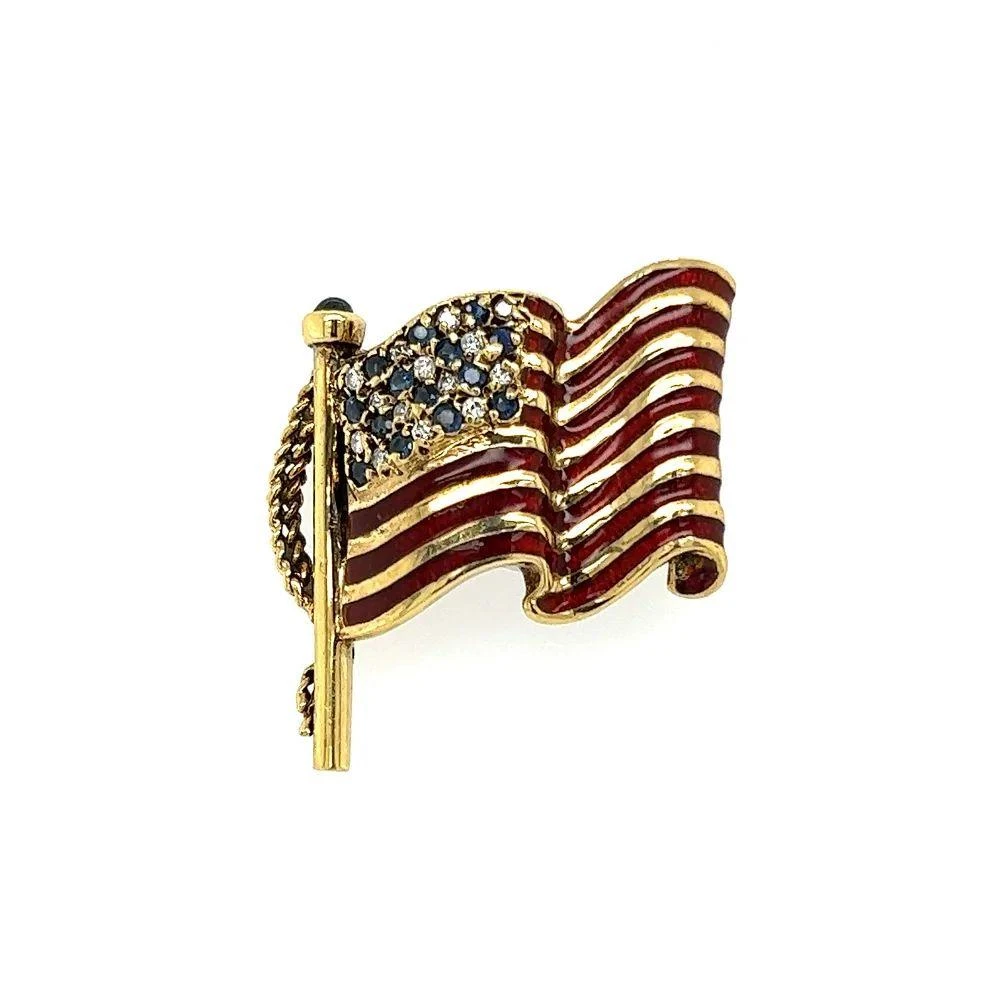 Unknown Vintage Diamond And Sapphire Red Enamel Stars & Stripes American Flag Brooch Pin 4 Unknown Vintage Diamond And Sapphire Red Enamel Stars & Stripes American Flag Brooch Pin – Image 2