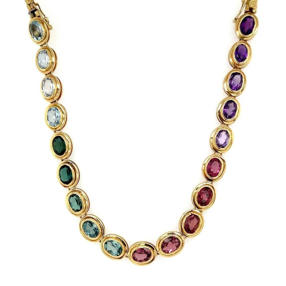 Unknown Vintage Multi Gemstone Rainbow Gold Link Necklace Estate Fine Jewelry 4 Unknown Vintage Multi Gemstone Rainbow Gold Link Necklace Estate Fine Jewelry – Image 2