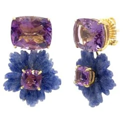 Stunning Cushion-cut Amethyst And Carved Dumortierite Flower Drop Earrings