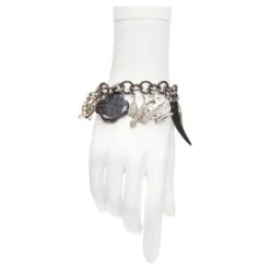 GRAZIANO Black Silver Clover Skull Crown Punk Rock Chain Charm Bracelet