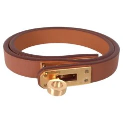 Hermes Mini Kelly Double Tour Bracelet Gold Swift Calfskin Size T2 15.5cm