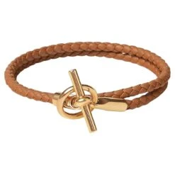 Hermes Glenan Double Tour Bracelet Gold Swift Calfskin Size T2 15.5