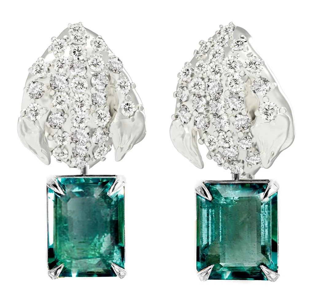 White Gold Contemporary Peony Petal Clip-On Earrings With Emeralds, 62 Diamonds 8 White Gold Contemporary Peony Petal Clip-On Earrings With Emeralds, 62 Diamonds – Image 6