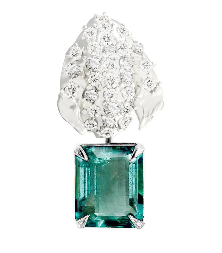 White Gold Contemporary Peony Petal Clip-On Earrings With Emeralds, 62 Diamonds 10 White Gold Contemporary Peony Petal Clip-On Earrings With Emeralds, 62 Diamonds – Image 8